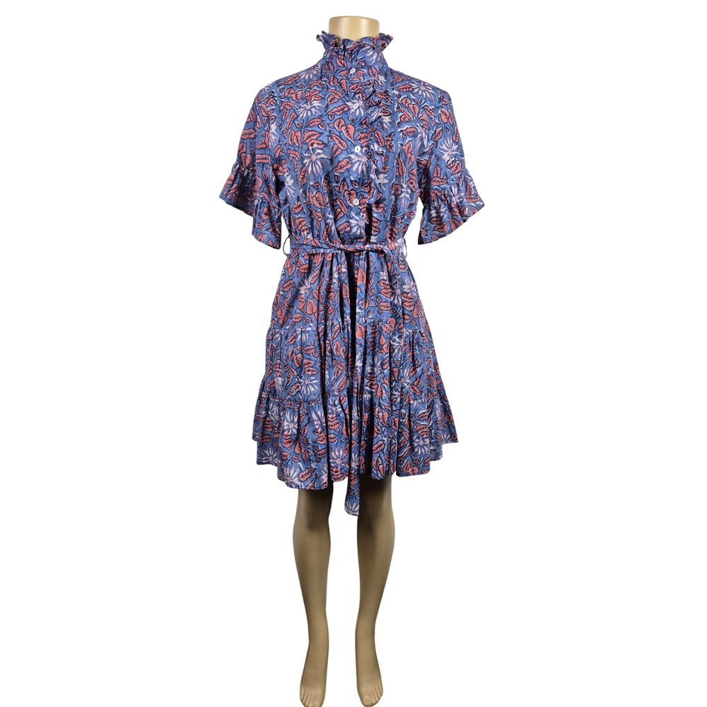 Mille Resort & Travel Blue Violet Floral Hand Block Print Tiered Mini Dress XS
